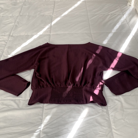 Express Faux Silk Ruched Back Long Sleeve Top, Size Small-Petite, Purple - Picture 2 of 2